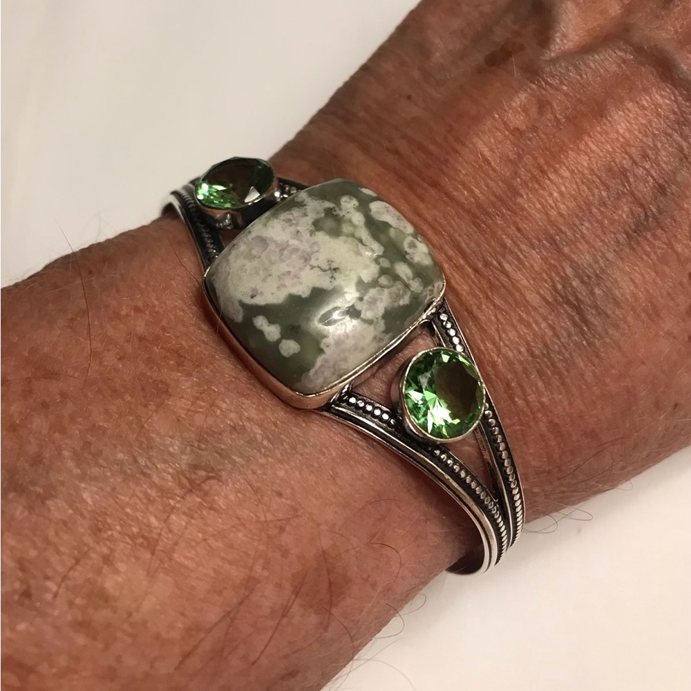Jade Tsavorite Stamped 925 Sterling Silver Cuff Bracelet